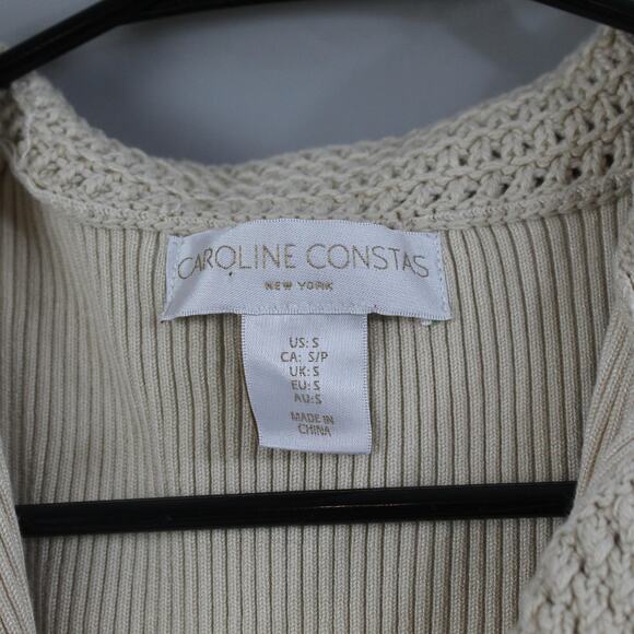 Caroline Constas Dress Small Ribbed Knit Crochet Collar Midi Bodycon Beige Chic - Picture 5 of 11